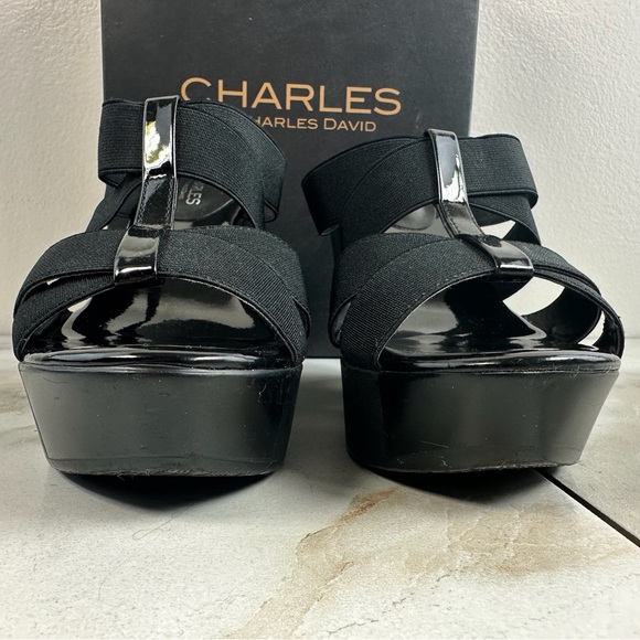 Charles by Charles David Farther Black Platform Wedge Sandals, Sz 6 - Picture 4 of 16